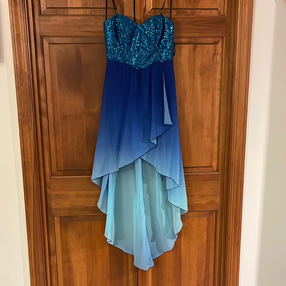 Formal Strapless High-Low Teal and Blue Dress